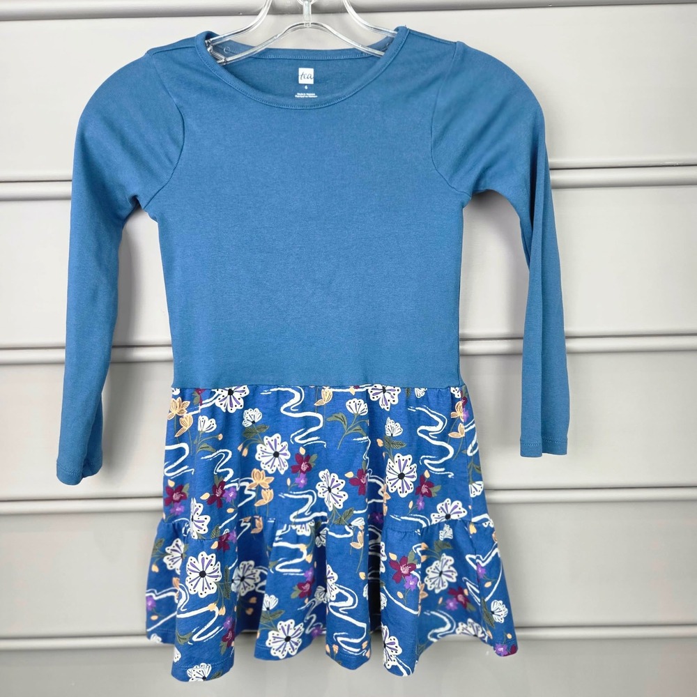 Tea Collection Girls Blue Floral Long Sleeve 100% Cotton Dress Size 6